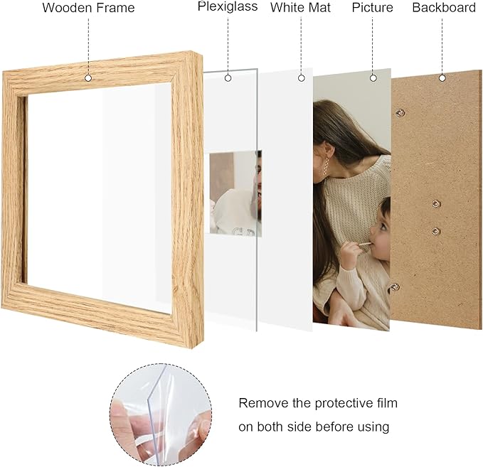 8x8 Picture Frame Set of 9, Photo Gallery Wall Frame Set, Display Pictures 4x4 with Mat or 8 x 8 Without Mat, Square Frame Picture Frames Collage Wall Decor, Natural Oak