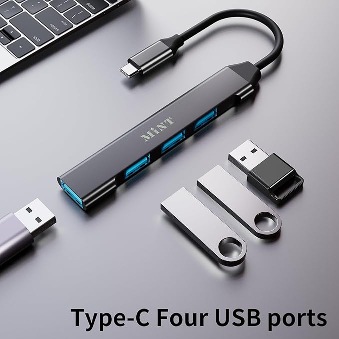 MINT USB-C Hub 4-Port Compact Adapter – 1× USB 3.0 High-Speed + 3× USB 2.0, Ultra-Slim Portable Splitter for Laptop, MacBook, PC