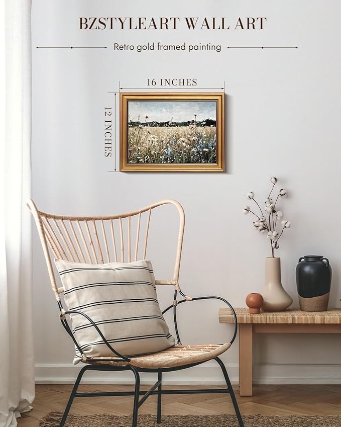 Bzstyleart Vintage Wall Art Decor for Living Room, Framed Landscape Wall Art Bedroom, Meadow with Flowers,Vintage Room Decor,Paintings for Bedroom,12 x 16 Inch