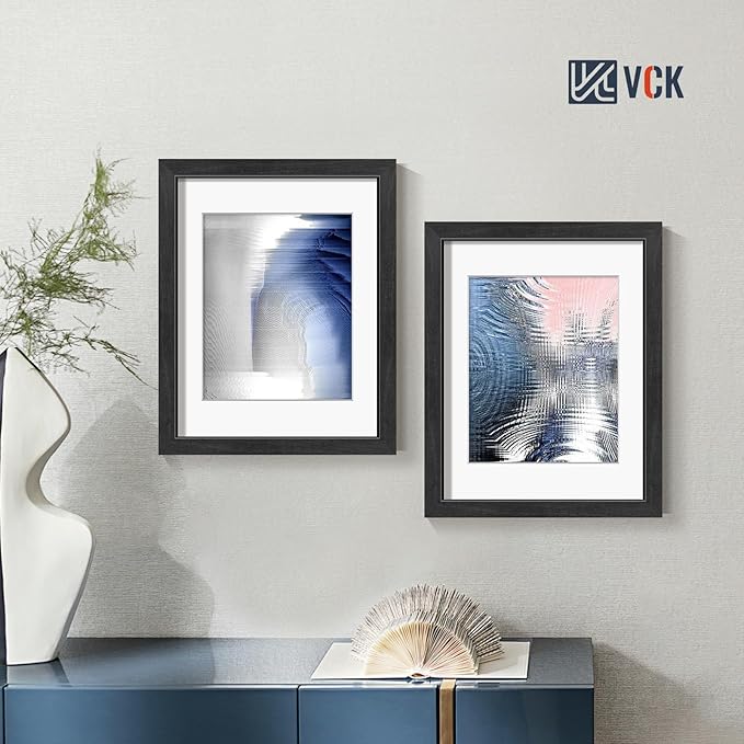 VCK 11x14 Picture Frames Black Set of 5, Wide Border Wood, Tempered Glass, Display 8x10 Photo with Mat or 11 x 14 without, for Home, Office, Gallery, Woodgrain Series, Wall Hanging