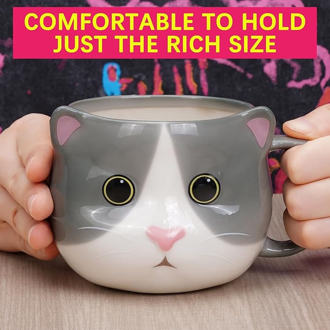 Cat Mug 14 oz Cute Ceramic 3D Porcelain Tea Cup for Women, Kawaii Gifts for Cat Lovers, Christmas, Housewarming, Holiday, Birthday Gifts for Women, Mom, Kids, Men and Friends