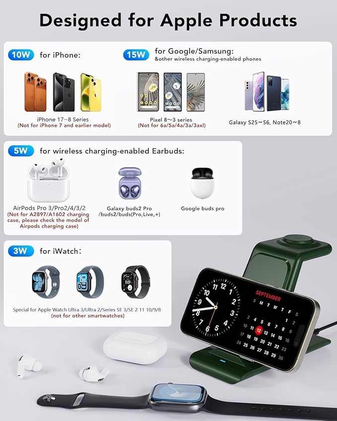 HATALKIN 3 in 1 Wireless Charging Station Compatible for Apple Products Multiple Devices Charger for Apple Watch Ultra 11 10 9 8 7 SE AirPods Pro iPhone 17 16 15 14 13 Pro Max/X/XS Fast Charger Stand