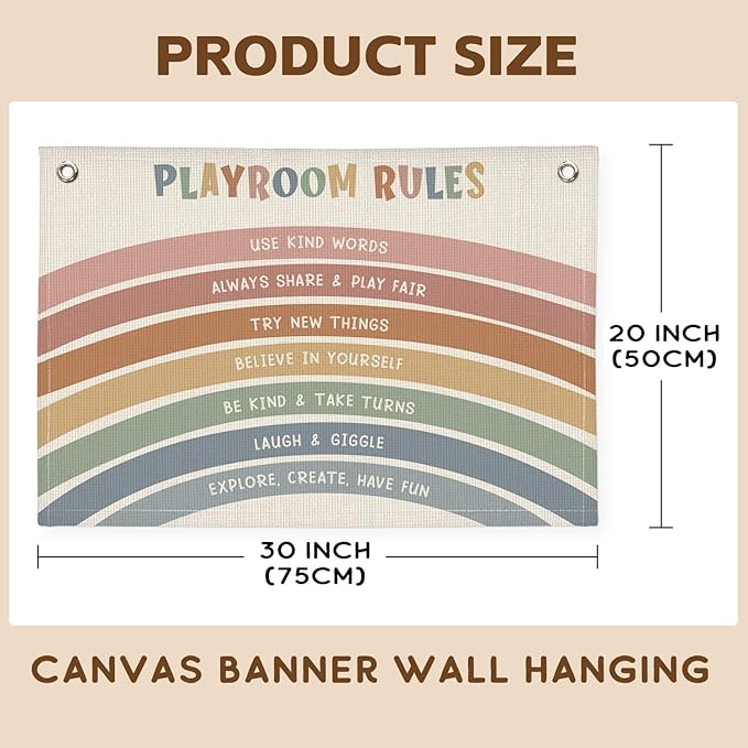 Playroom Rules Banner, Boho Rainbow Linen Canvas Banner Wall Hanging Flag Decor for Nursery Classroom Kids Room 30x20 Inch
