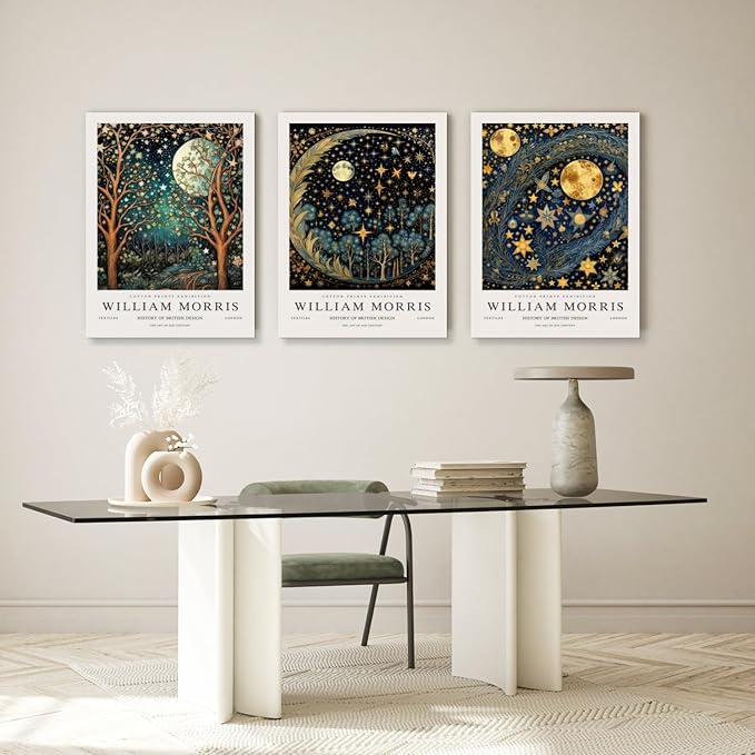 Hianan William Morris Framed Canvas Wall Art, Vintage Gold Moon Stars Poster Prints, Many Dreamlike Stars Wall Decor, Retro Botanical Aesthetic Picture for Bedroom Living Room Office 16"x24"x3