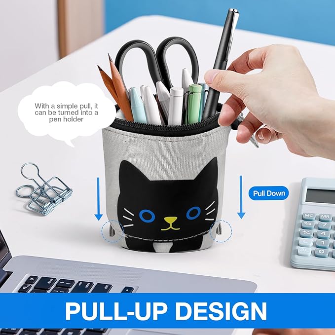 Cat Cute Standing Pencil Case for Kids, Pop Up Pencil Box Makeup Pouch, Stand UP Cartoon Christmas Gift Kids Pen Holder Organizer Cosmetics Bag, Kawaii Stationary (Black Cat)