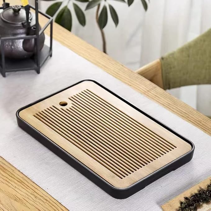 14 Inch Bamboo Chinese Gongfu Tea Tray Table Box with Water Storage for Kungfu Tea Set (Style 5 Black)