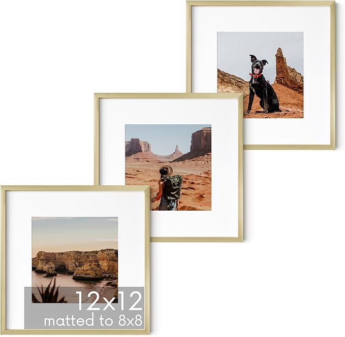 HAUS AND HUES 12x12 Gold Metal Picture Frames Matted to 8x8 - Features Premium Aluminum & Hanging Hardware, Shatterproof Plexiglass - Ideal for Home, Office (12x12 in, Gold, Set of 3)