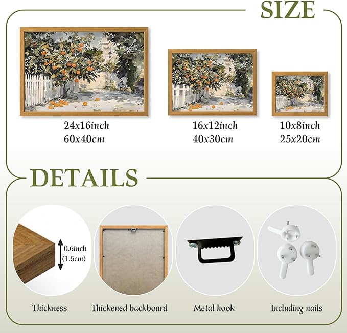 LLEEMPI Orange Tree Wall Art, Country Botanical Wall Decor, Vintage Fruit Canvas Painting, Rustic Farmhouse Poster Print for Kitchen Bathroom Bedroom Living Room Office Wood Framed 16x24 Inch