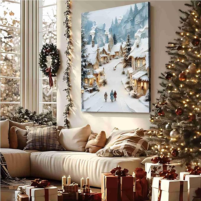 Christmas Winter Painting Snowy Village Street Festive Landscape Print Holiday Church Wall Decor Winter Cottagecore Canvas Painting Indoor Decor for Home Living Room Bedroom Office Christmas Holiday