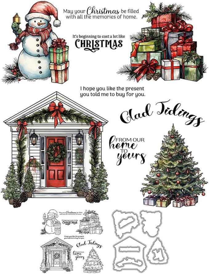 Christmas Tree Door Snowman Stamps and Cutting Dies for Card Making DIY Transparent Silicone Clear Stamp and Metal Die Cuts Sets for Scrapbooking Paper Greeting Cards Decor Seals Craft Supplies