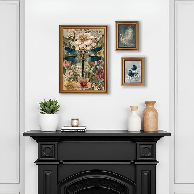 okudolit Gold Framed Dragonfly Canvas Wall Art Print Blue Insect Botanical Floral Painting Vintage Flower Picture Artwork Rustic Retro Nature Decor for Living Room Bedroom Office Home Decor 16x24in