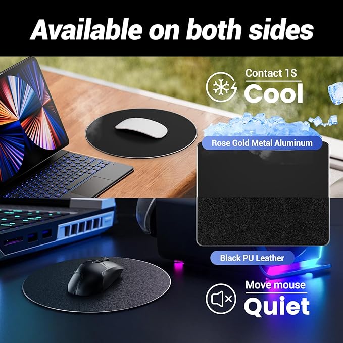 HONKID Metal Aluminum Mouse Pad, Thin Hard Mousepad, Double Sided Waterproof Fast and Accurate Control Mousepad for Laptop, Computer and PC, Office, Round Black