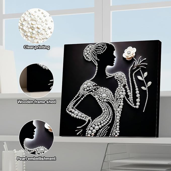 DIY Pearl Painting Kit with Wooden Frame, 3D Plastic Pearl Gemstone Ocean Art Craft for Adults Beginners, Diamond Art Kits for Adults, Home Wall Decor Ready Gift for Women(Silhouette Lady)(30 * 30cm)