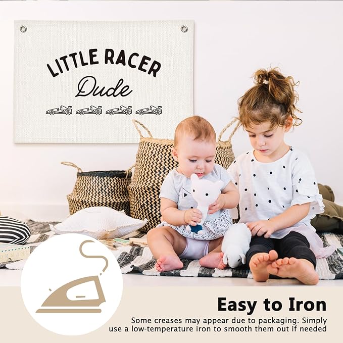 Little Racer Dude Boys Room Decor - Linen Banner Wall Hanging Canvas Banner Flag Decor for Toddler Boy Bedroom Nursery Playroom