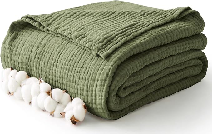 100% Cotton Muslin Blanket 40" x 40", Breathable and Lightweight Cotton Throw Blankets, Soft Cooling Summer Gauze Blanket for All Season, Oive Green