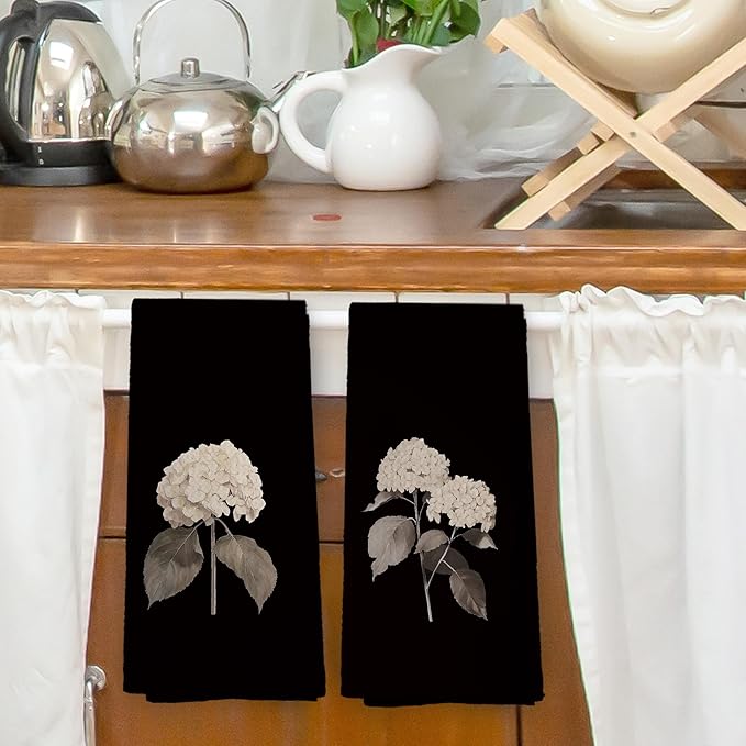 Vintage Hydrangea Floral Kitchen Dish Towels, Hydrangea Gifts for Women, Dark Cottagecore Flower Hand Towels Kitchen Tea Towels Decorations, 16x24inch Set of 2