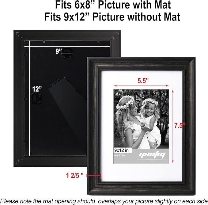 Yaetm 9x12 Picture Frame Matted to 6x8 Set of 4, 1.4” Wide Molding & Distressed Black Photo Frames 9 x 12 with Tempered Glass, Display on Tabletop & Wall Mounting (4 pack, Black)