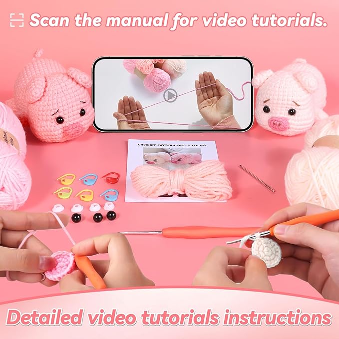 2 Pack Pig Crochet Kit for Beginners with Easy Yarn and Step-by-Step Video Tutorials, Beginner Crochets Kit for Adults, DIY Crochet Animal Kits Art Crafts Knitting Kits Ideal Gifts for Teacher Gifts
