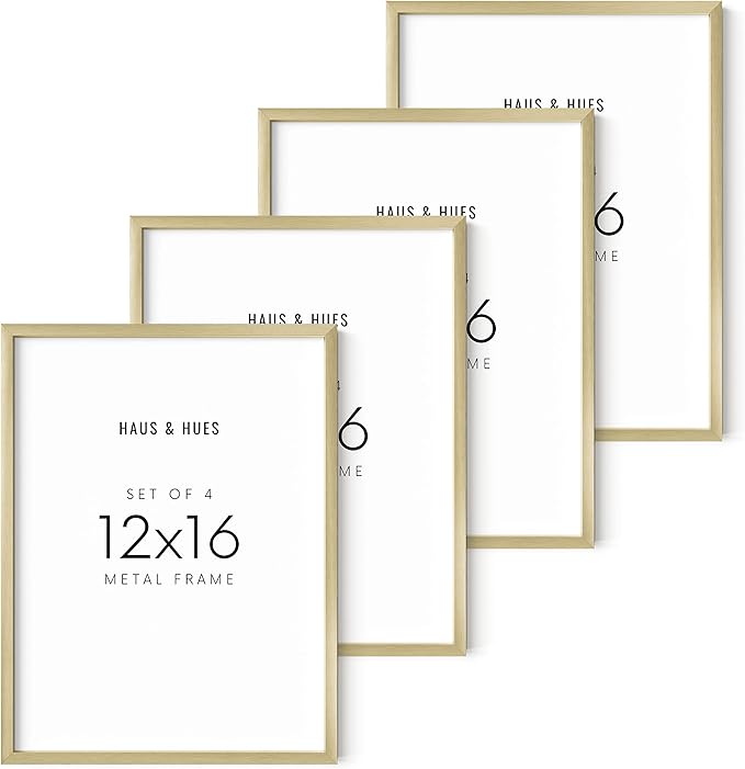 HAUS AND HUES 12x16 Gold Picture Frames - Modern Aluminum Wall Display - Lightweight Frames for Posters and Prints - Ready-to-Hang Vertically & Horizontally (Set of 4)
