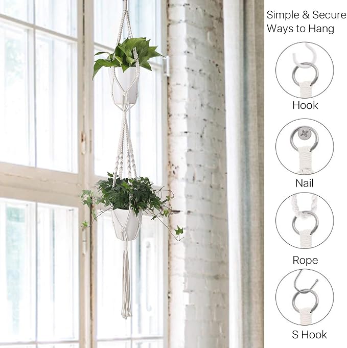 Flexzion Hanging Macrame Plant Holder - 4-Set Pot Hangers for Plants, Boho Hanging Planters for Indoor Use, Handwoven Cotton Rope Plant Hanger Set with C & S Hooks (Plant & Pot Not Included)