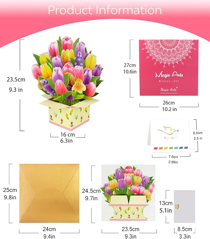Colorful Tulip 3D Pop Up Spring Greeting Card for Mother’s Day Birthday Easter Anniversary Thank You Sympathy Get Well, Handmade Floral Bouquet for Mom, Grandma, Wife, Teacher, with Envelope and Blank Note Card