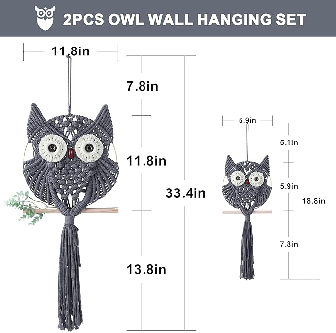 MVSUTA Owl Grey Cotton Handmade Macrame Wall Hanging Tapestry Home Decor Art and Gray Craft Wonderful Decoration Woven Boho Ornament for Office Bedroom Apartment Living Nursery Gallery,2pcs set:1pc L