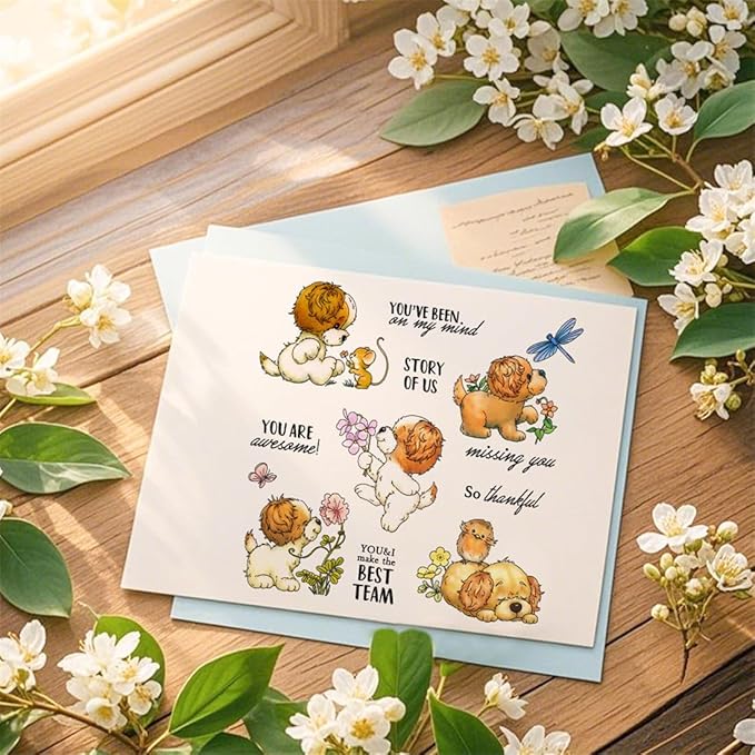 Playing Dog Flowers Stamps and Cutting Dies for Card Making DIY Transparent Silicone Clear Stamp and Metal Die Cuts Sets for Scrapbooking Paper Greeting Cards Decor Seals Craft Supplies