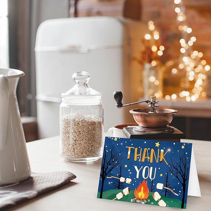 Whaline 24 Pack S'more Camping Theme Thank You Cards Greeting Cards with Envelopes Stickers Marshmallow Campfire Blank Note Card for Birthday Baby Shower Camper