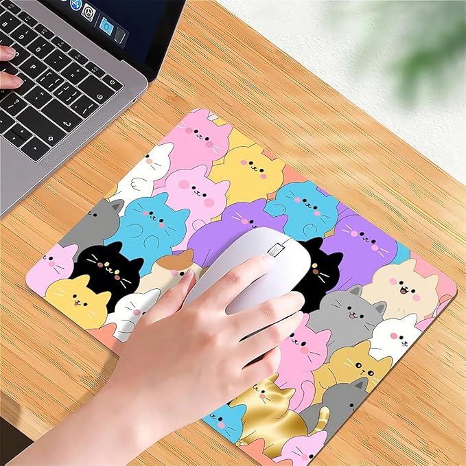 Square Mouse Pad Rainbow Cat, Personalized Premium-Textured Custom Mouse Mat Design, Washable Mousepad Cloth, Non-Slip Rubber Base Computer Mouse Pads for Wireless Mouse