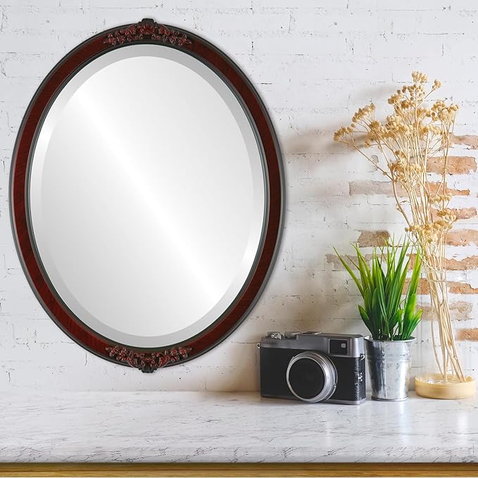OVALCREST Oval Beveled Wall Mirror for Home Decor - Athena Style - Vintage Cherry - 26" x 20" Outside Dimensions