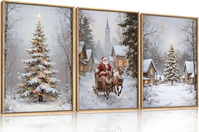 HPNIUB Happy Christmas Framed Wall Art Set, Elk Santa Claus Wall Decor, Winter Snowy Landscape Nature Painting, Neutral Christmas Scene Art Prints for Xmas Festival Fireplace Decor-24x 36 x3
