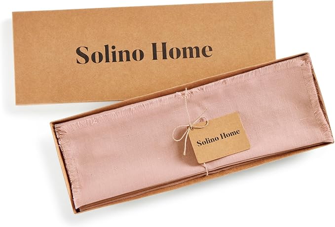 Solino Home Fringe Linen Placemats Set of 4 - Misty Pink Placemats 14 x 19 Inch - 100% Pure Linen Table Mats for Valentines, Spring, Easter