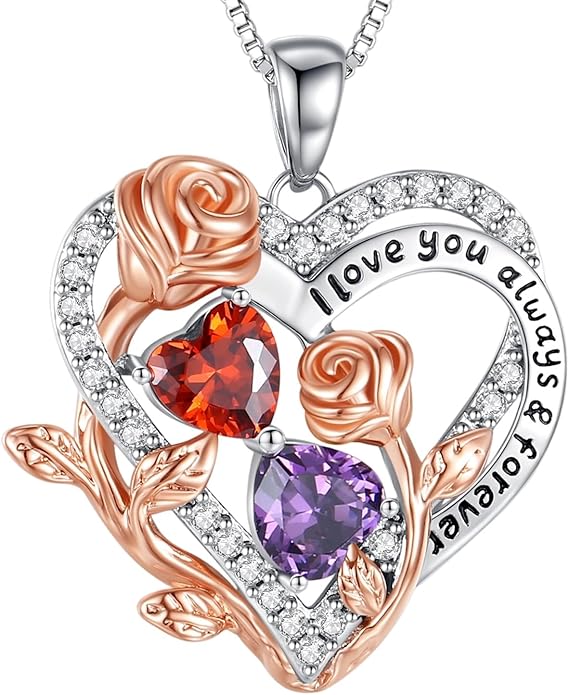 I Love You Birthstone Necklace, 925 Sterling Silver Heart Pendant with CZ Diamond Stones, Birthday Gifts for Women, Romantic Gift for Wife, Girlfriend, Her, Anniversary, Valentine's Day, Christmas