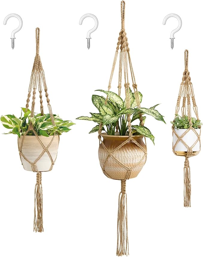 Mkono Macrame Plant Hangers, 3 Different Sizes Indoor Hanging Planters Basket Decorative Flower Pots Holder Stand Boho Home Decor, Brown