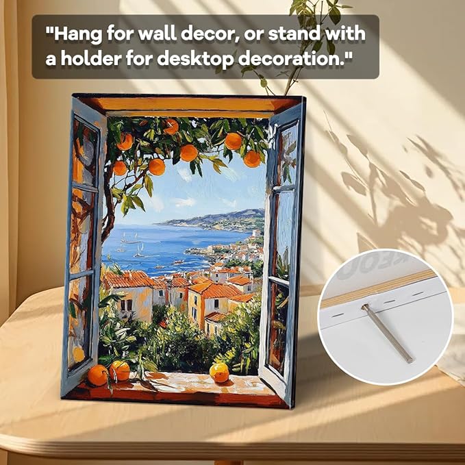 Mediterranean Coastal View Wall Art – 12x15 Inch Framed Print, Paper Laminate Borderless Design – Window Scene with Oranges & Sea - Hanging & Tabletop Display