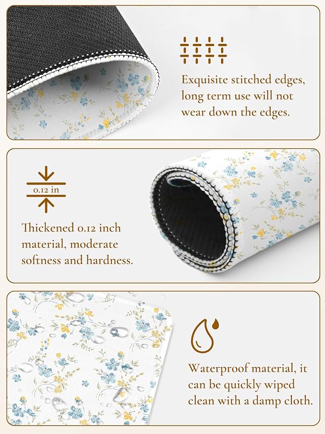Elegant Blue Flowers Mouse Pad, Waterproof Aesthetics Yellow Floral Mouse Pads Design, Non-Slip Rubber Base Computer Simple Funny Mousepad,Small Mouse Mat Desk Accessories Office Supplies