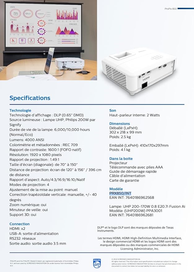 Philips, Propix 850, Professional Video Projector, DLP, Home Cinema, Advanced Image Correction, 1920 x 1080 Pixels, Full HD, 2-Watt Internal Speakers, Lumens: 4000 ANSI, White