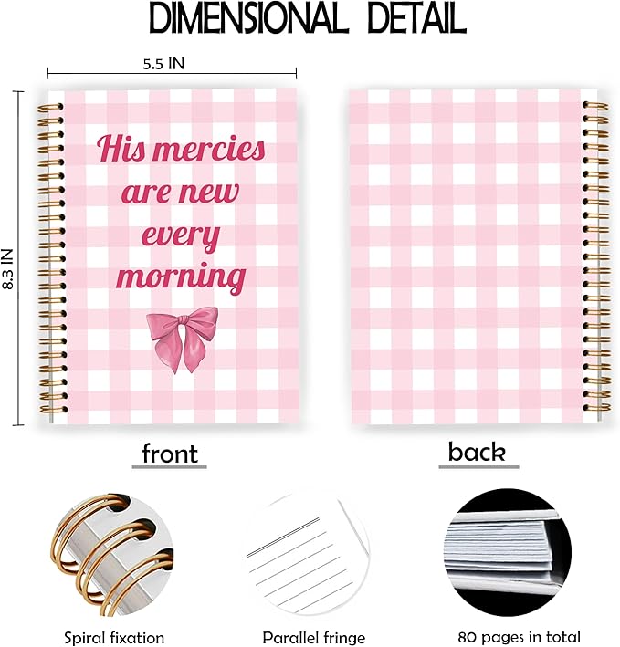 Coquette Pink Bow Christian Notebook, His Mercies Are New Every Morning Bible Verse Spiral Notebook 5.5x8.3, Preppy Aesthetic Journal for Women, Bible Journaling Spiral Journal