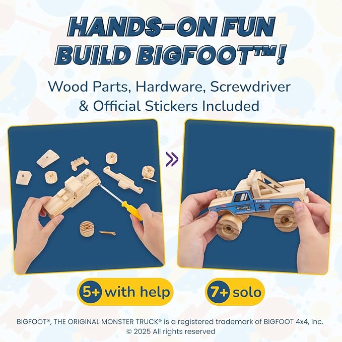 DIY Bigfoot 1 Monster Truck Wooden Kit w/Stickers (Small 5")- Officially Licensed Kids Building Kit - Wood Building Kits for Kids & Stem Toys for Ages 5-8 Years - Arts & Crafts Kits for Children