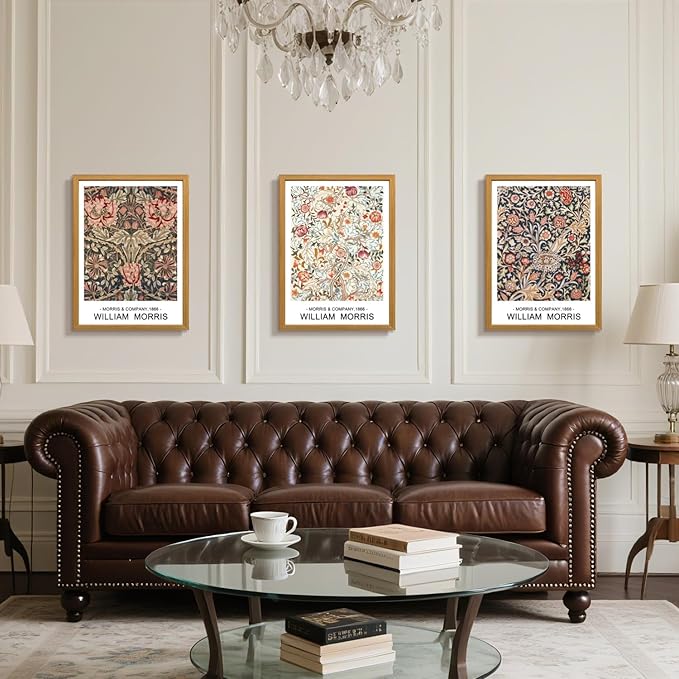 LLEEMPI William Morris Wall Art Set of 3, Vintage Botanical Wall Decor, Rustic Farmhouse Canvas Painting, Classic Minimalist Poster Prints for Bedroom Bathroom Office Wood Framed 16x24 Inch