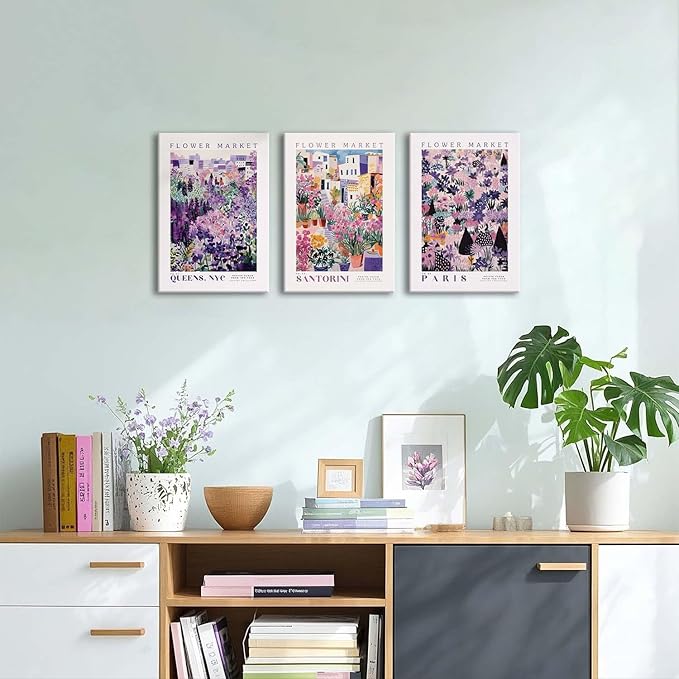 XLARTMY Flower Market Wall Art Prints Canvas Purple and Pink Floral Paintings Colorful Botanical Travel Flower Posters for Home Decor Pictures Set of 3 for Living Room Bedroom 16x24in