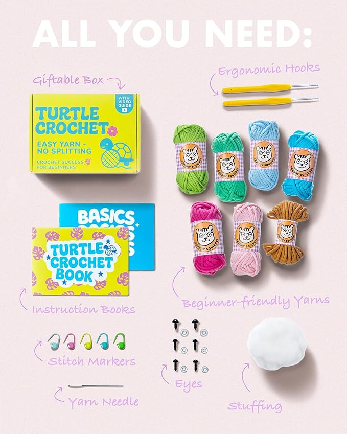 Granny Squirrel Turtle Crochet Kit for Beginners - DIY Amigurumi Animal Craft Kit with Full HD Video Tutorials & Easy No-Split Yarn - Complete Starter Set for Adults & Kids