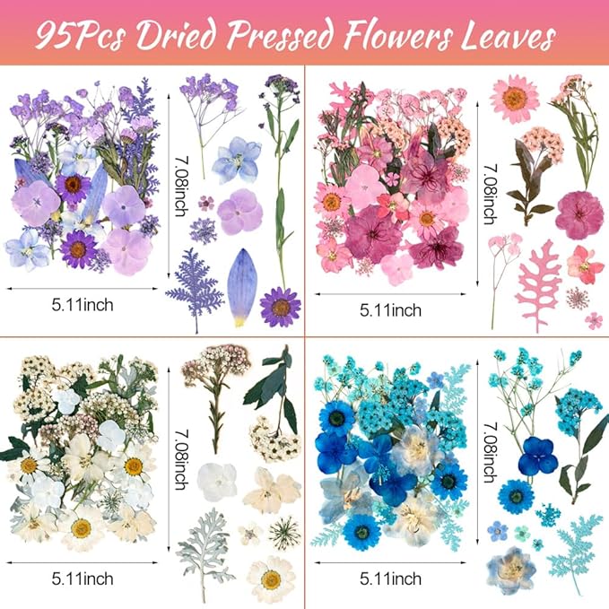 Cold Tone Dried Pressed Flowers for Resin, Real Pressed Flowers Dry Leaves Bulk Natural Herbs Kit for Scrapbooking DIY Art Crafts, Epoxy Jewelry, Candle, Soap Making, Nails Decor