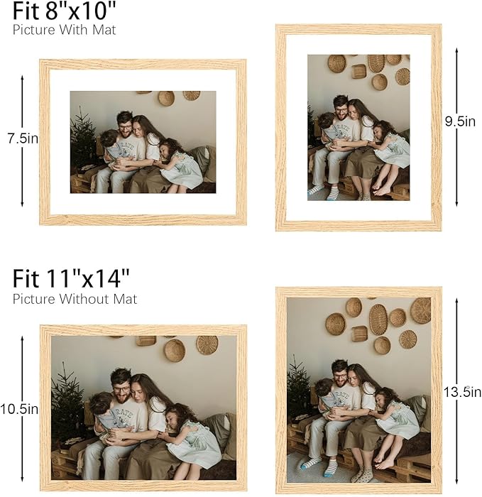 11x14 Picture Frame Set of 9, Photo Gallery Wall Frame Set, Display Pictures 8x10 with Mat or 11 x 14 Without Mat, Multi Photo Frames for Wall Mounting or Table Top Display, Natural Oak