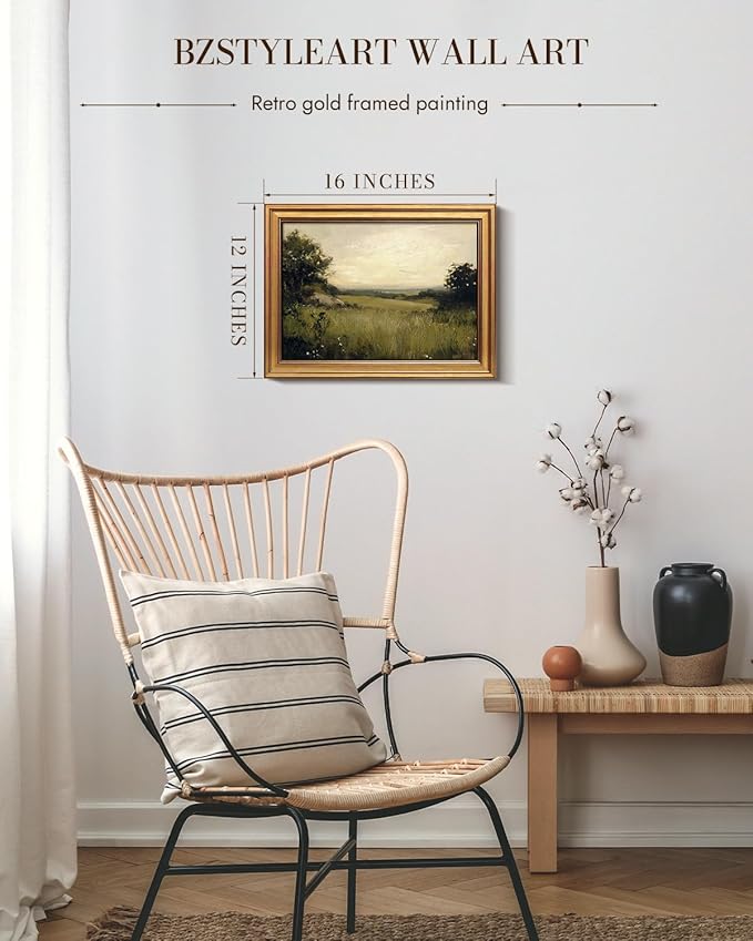Bzstyleart Vintage Wall Art Decor for Living Room,Gold Framed Canvas Wall Art Home Decor Aesthetic,Grassland Vintage Landscape Prints,Canvas Picture Print Artwork,12 x 16 Inch