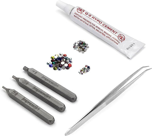 ImpressArt - Crystal Setting Bundle, Includes 216 Birthstone Colored Crystals, 3 Metal Stamping Punches Sizes, Jewelry Glue, & Tweezers
