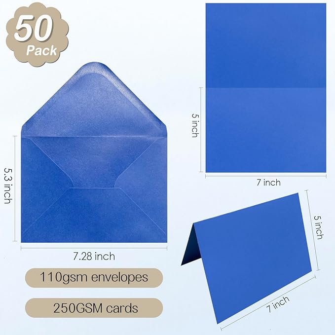 50 Pack Blank cards and envelopes,A7Self-Adhesive Envelopes with aestheticsFold Cards 5x7 for Wedding, GreetingCards, Baby Shower, Letter Mailing.(Navy & Forest Tones)
