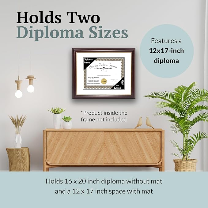 Creative Picture Frames 12x17 Mahogany Gold Rim Diploma Frame with White Mat Glass and Installed Wall Hangers | Frame Holds 16x20 Media without Mat