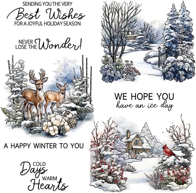 Christmas Snow Scene Stamps and Cutting Dies for Card Making DIY Transparent Silicone Clear Stamp and Metal Die Cuts Sets for Scrapbooking Paper Greeting Cards Decor Seals Craft Supplies