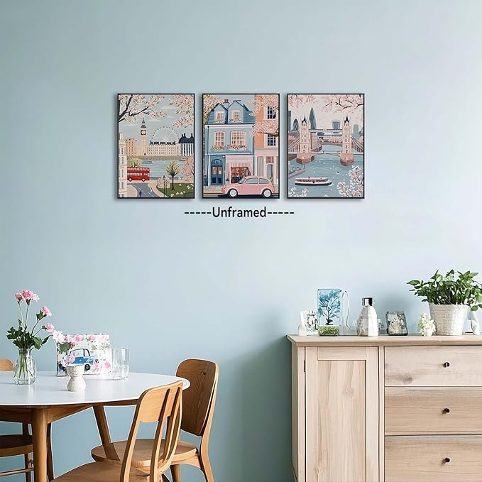XLARTMY Watercolor City Landscape Travel Wall Art Canvas Framed Pink Cherry Flower Poster Girly Prints Painting Pictures Set of 3 for Bedroom Living Room Office 16x24in Unframed